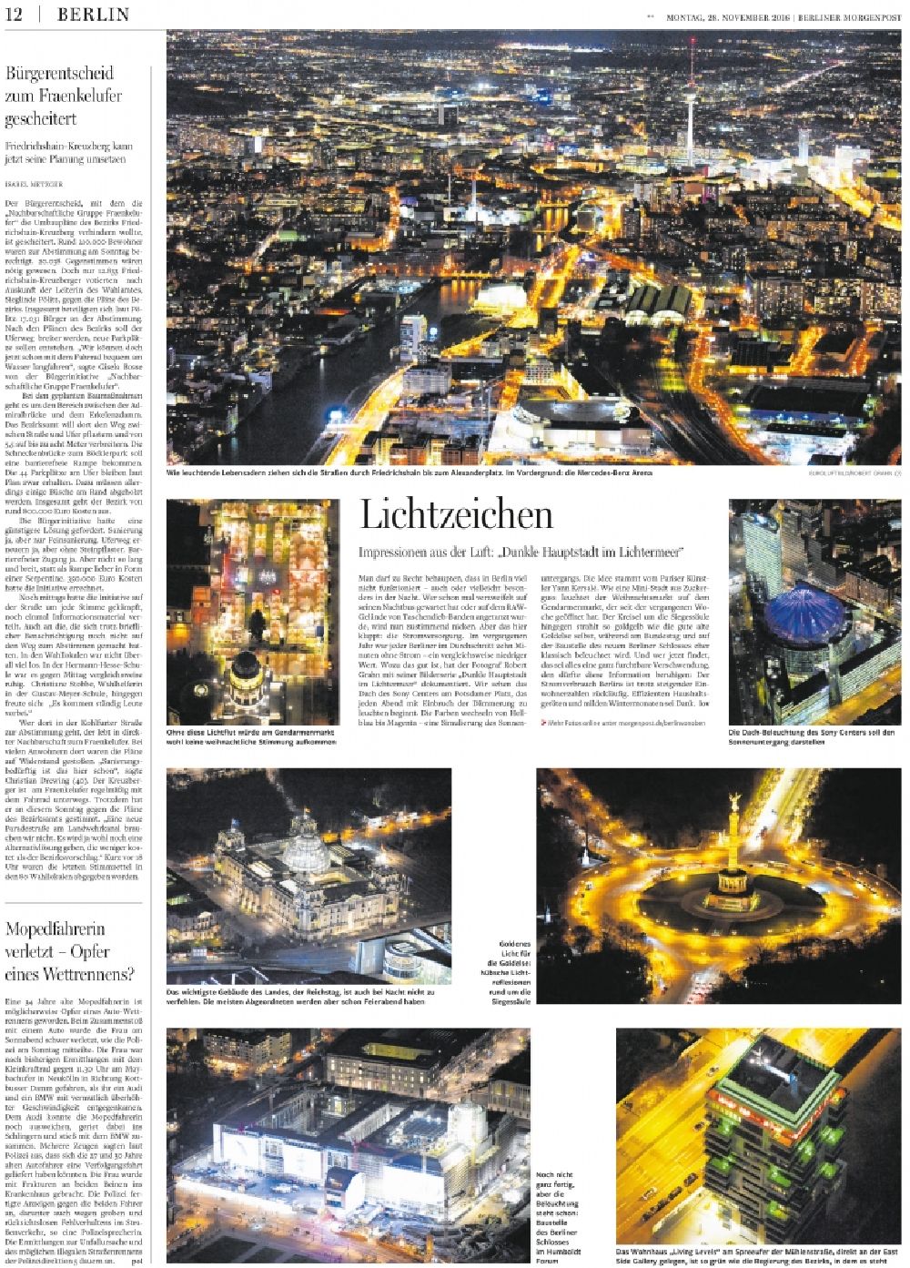 Aerial image at night Berlin - Picture Section / media use of aerial use in the Newspaper - daily paper BERLINER MORGENPOST Interior Double facade page 12 - 11 with night air images from the city center, added to in Berlin