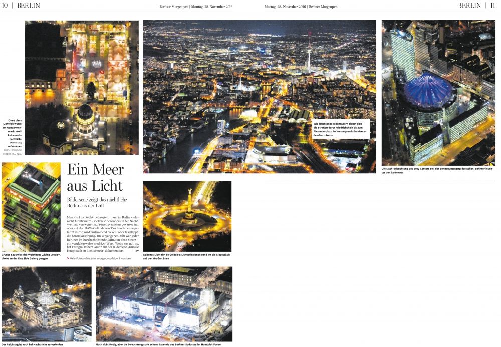 Aerial image at night Berlin - Picture Section / media use of aerial use in the Newspaper - daily paper BERLINER MORGENPOST Interior Double facade page 10 - 11 with night air images from the city center, added to in Berlin