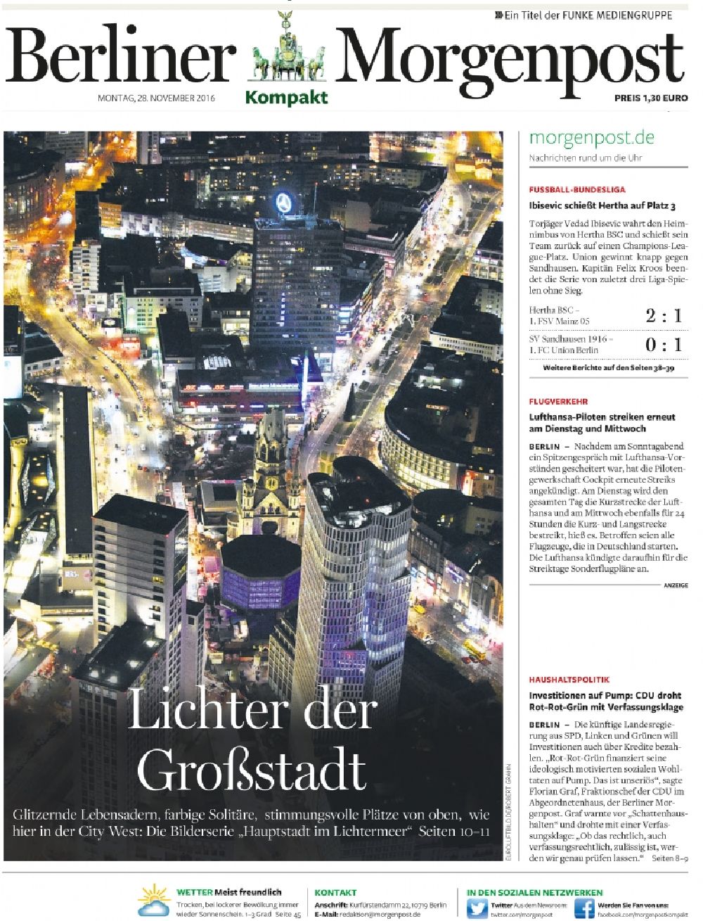Berlin at night from the bird perspective: Coverage - Media use of the aerial image use in BERLINER MORGENPOST Cover image of the title page with night-air image of the skyline at Breitscheidplatz in Berlin