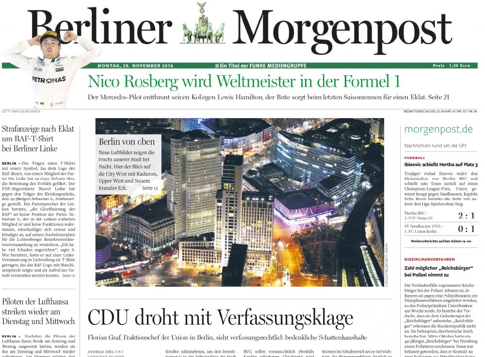 Aerial photograph at night Berlin - Coverage - Media use of the aerial image use in BERLINER MORGENPOST Cover image of the title page with night-air image of the skyline at Breitscheidplatz in Berlin