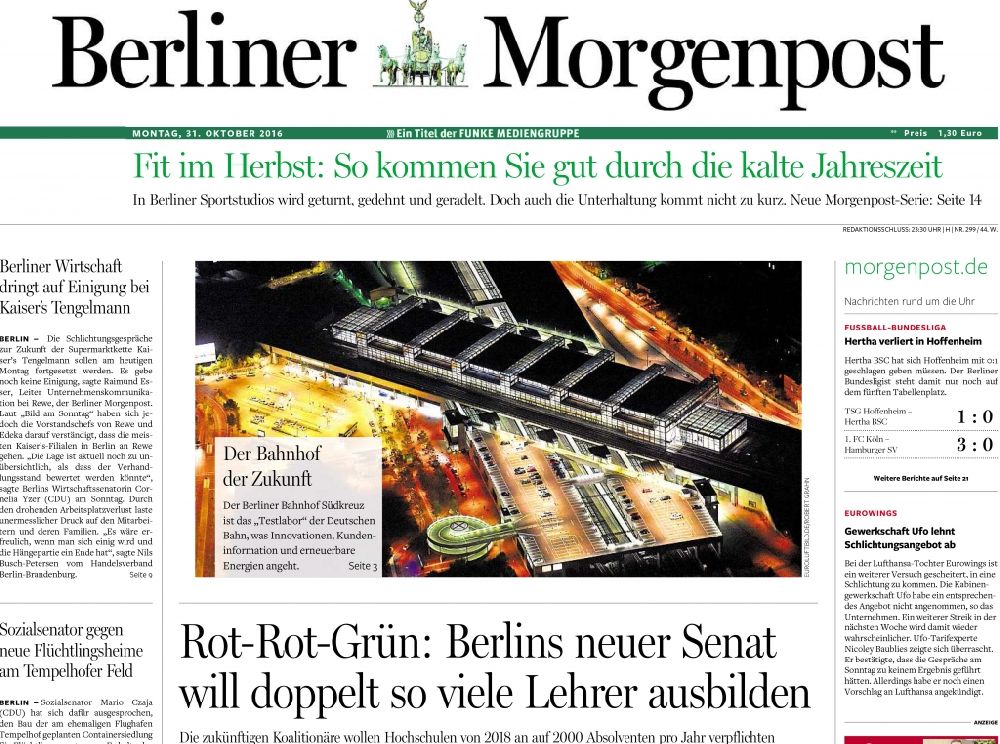 Berlin at night from above - Picture Section / media use of aerial use in the Newspaper - daily paper BERLINER MORGENPOST Title foto Page 1 with a night air image of the station Suedkreuz, added to in Berlin