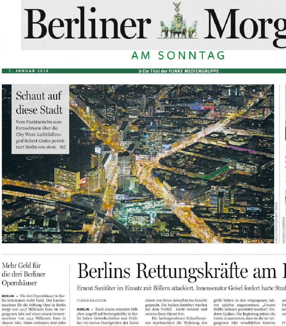 Berlin at night from the bird perspective: Picture Section / media use of aerial use in the Newspaper - daily paper Berliner Morgenpost - Titelseite 1 night aerial picture Palace Breitscheidplatz - Kurfuerstendamm , added to in Berlin, Germany