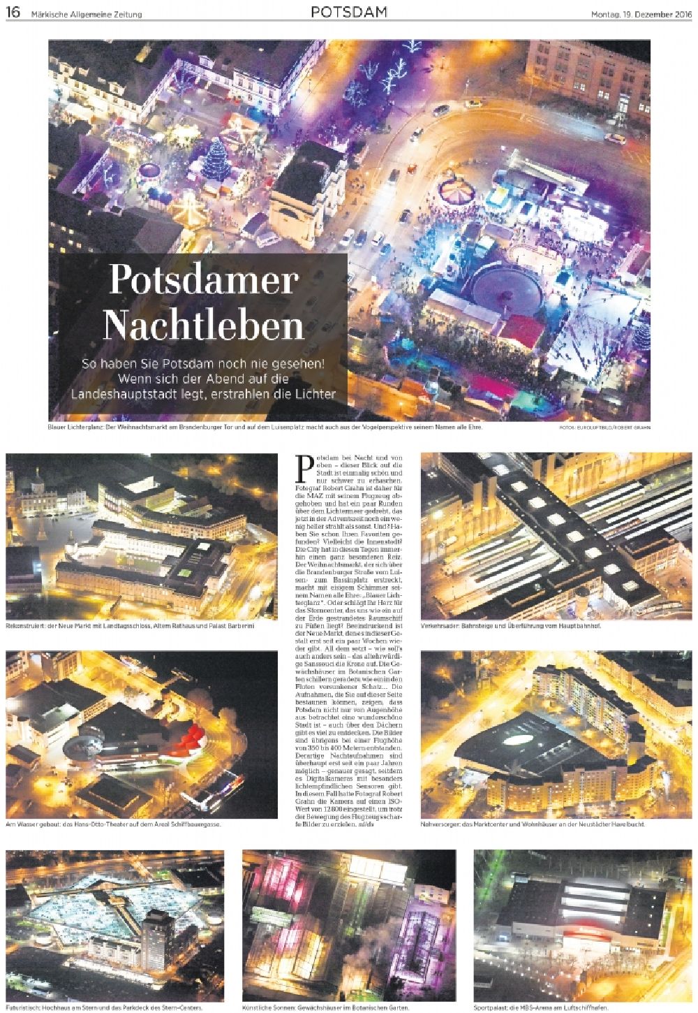 Aerial image at night Potsdam - Picture Section / media use of aerial use in the Newspaper - daily paper MAZ MAeRKISCHE ALLGEMEINE ZEITUNG Page 16 Potsdamer Nachtleben , added to in the district Innenstadt in Potsdam in the state Brandenburg