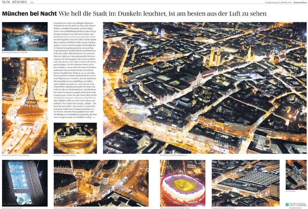 München at night from above - Picture Section / media use of aerial use in the Newspaper - daily paper Muenchen bei Nacht in title SUeDDEUTSCHE ZEITUNG - page 78, 79, added to in the district Zentrum in Munich in the state Bavaria, Germany