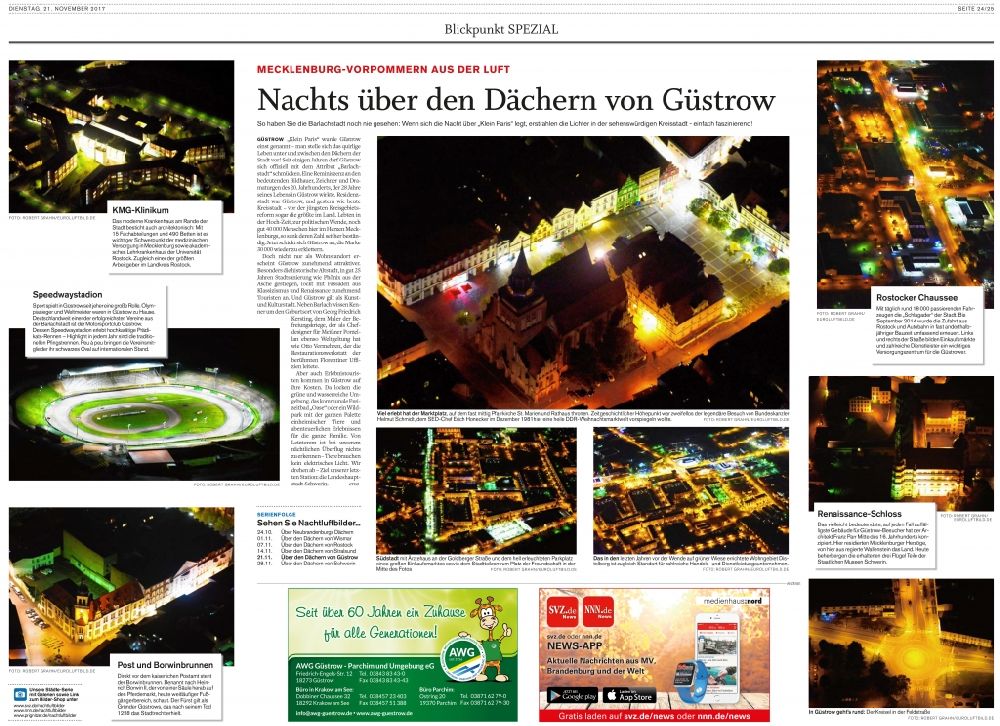 Güstrow at night from above - Picture Section / media use of aerial use in the Newspaper - daily paper of night view paper SVZ - NNN Neueste Nachrichten page 24 - 25 - added to in Guestrow in the state Mecklenburg - Western Pomerania, Germany