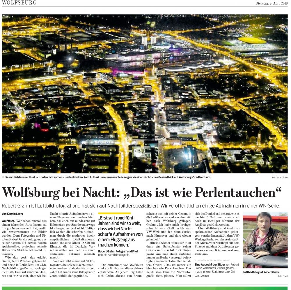 Aerial image at night Wolfsburg - Picture Section / media use of aerial use in the Newspaper - daily paper Wolfsburg at night: That's like pearl diving , added to in Wolfsburg in the state Lower Saxony, Germany