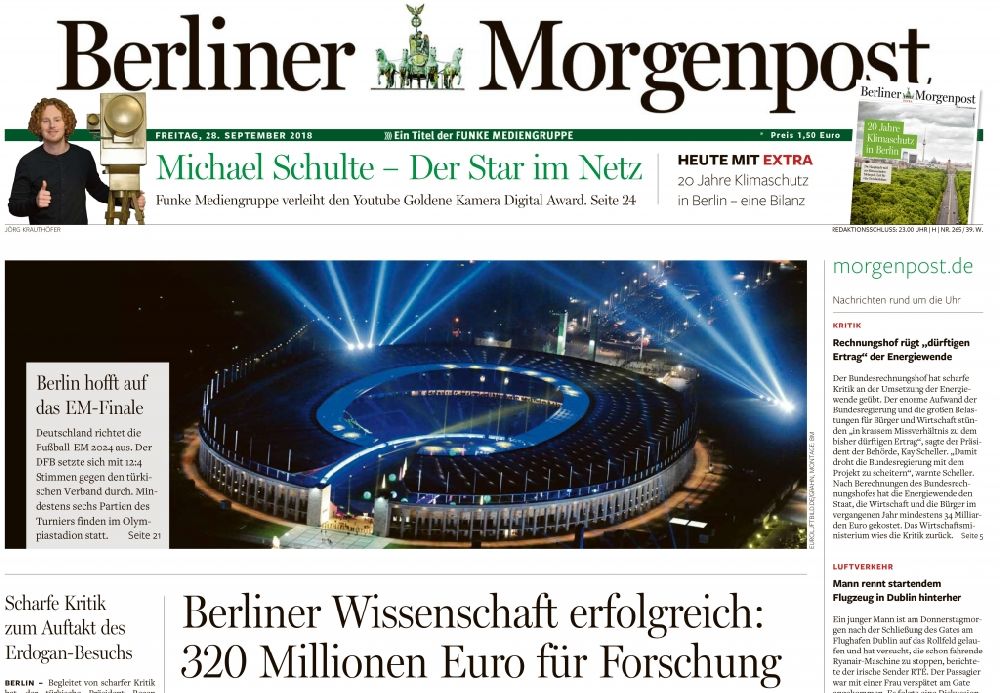 Berlin at night from above - Picture Section / media use of aerial use Olympic stadium in the Newspaper - daily paper Berliner Morgenpost - Titel seite 1, added to in the district Charlottenburg in Berlin, Germany