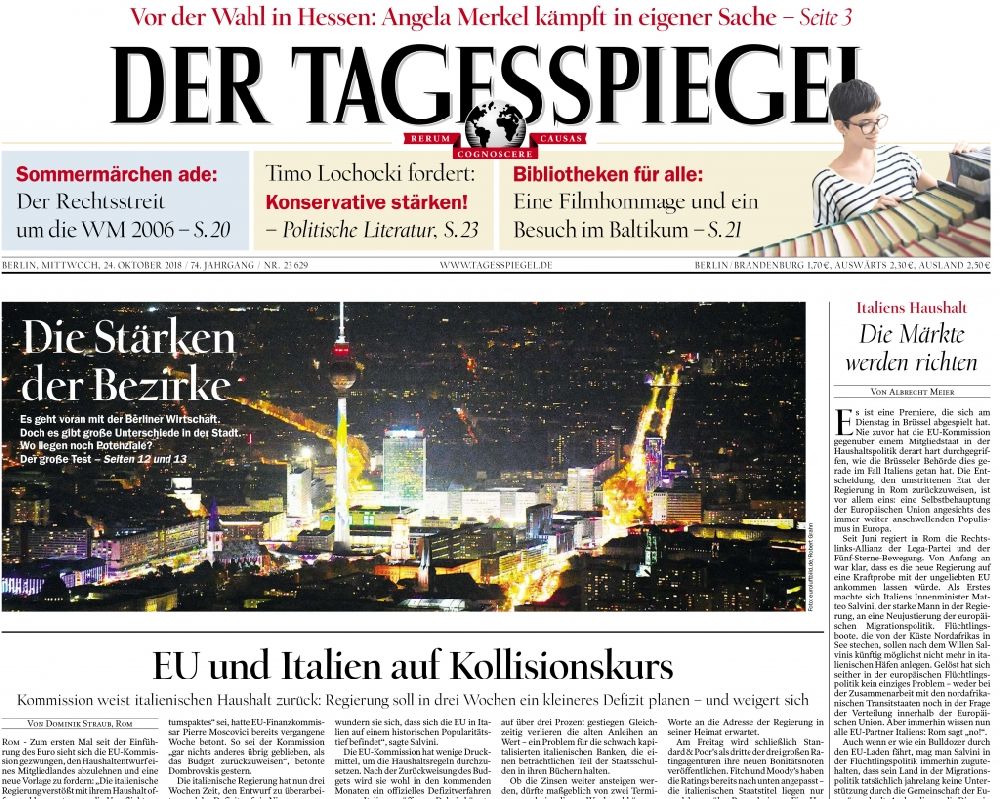 Aerial photograph at night Berlin - Picture Section / media use of aerial use in the Newspaper - daily paper DER TAGESSPIEGEL titel story page one, added to in Berlin, Germany