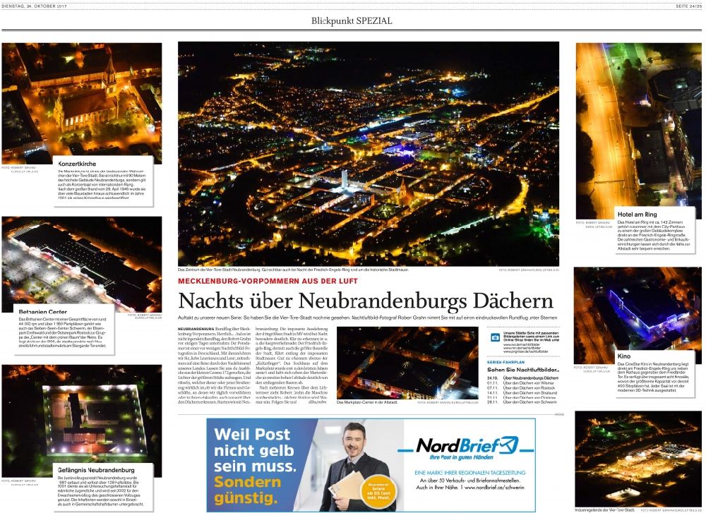 Aerial image at night Neubrandenburg - Picture Section / media use of aerial use in the Newspaper - daily paper SVZ - NNN Neueste Nachrichten Special page 24 / 25, added to in Neubrandenburg in the state Mecklenburg - Western Pomerania, Germany