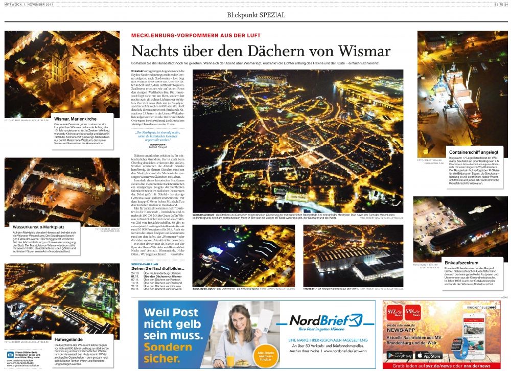 Wismar at night from above - Picture Section / media use of aerial use in the Newspaper - daily paper SVZ - NNN Neueste Nachrichten Special page 24, added to in Wismar in the state Mecklenburg - Western Pomerania, Germany