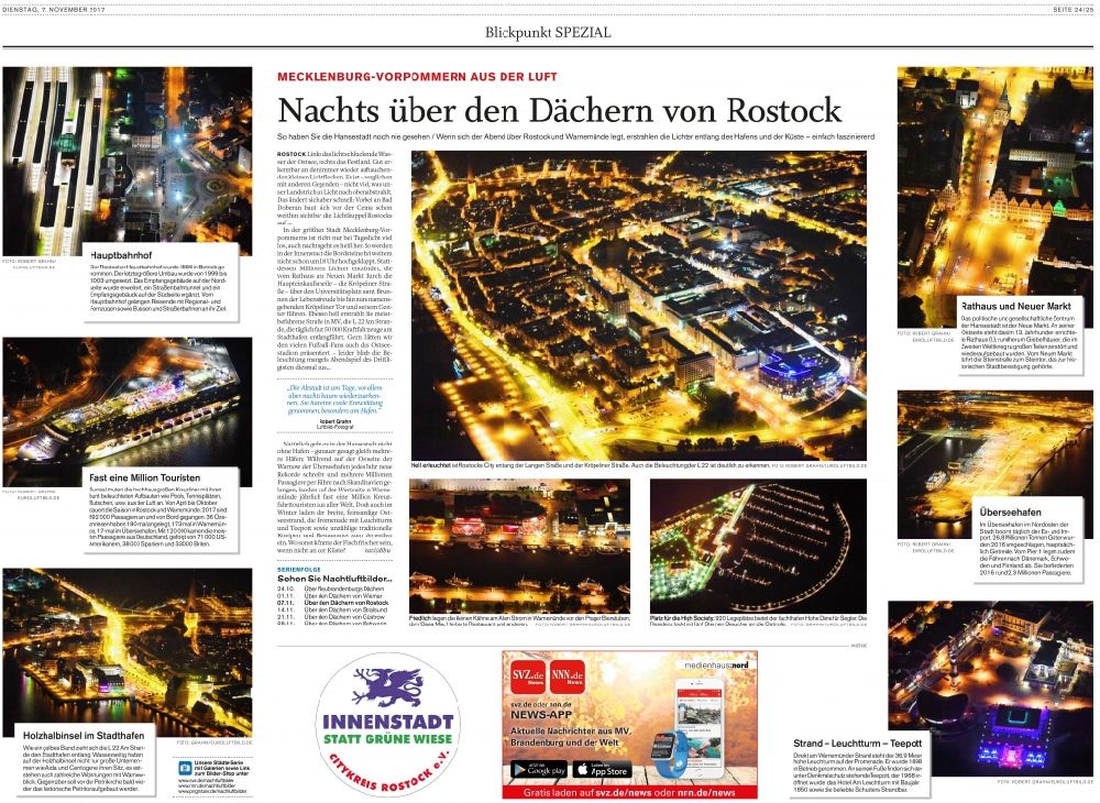 Aerial photograph at night Rostock - Picture Section / media use of aerial use in the Newspaper SVZ - NNN Neueste Nachrichten page 24 , added to in Rostock in the state Mecklenburg - Western Pomerania, Germany
