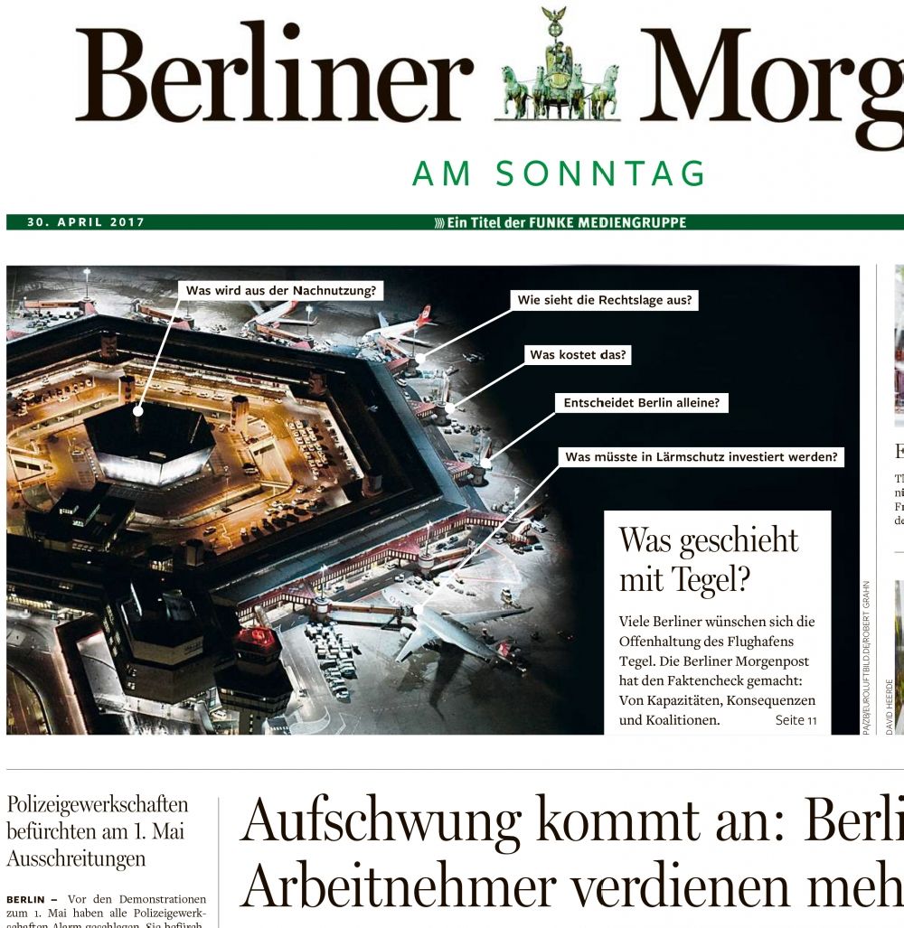 Aerial image Berlin - Picture Section / media use of aerial use in the Newspaper - daily paper BERLINER MORGENPOST Page 1 Flughafen Tegel , added to in Berlin