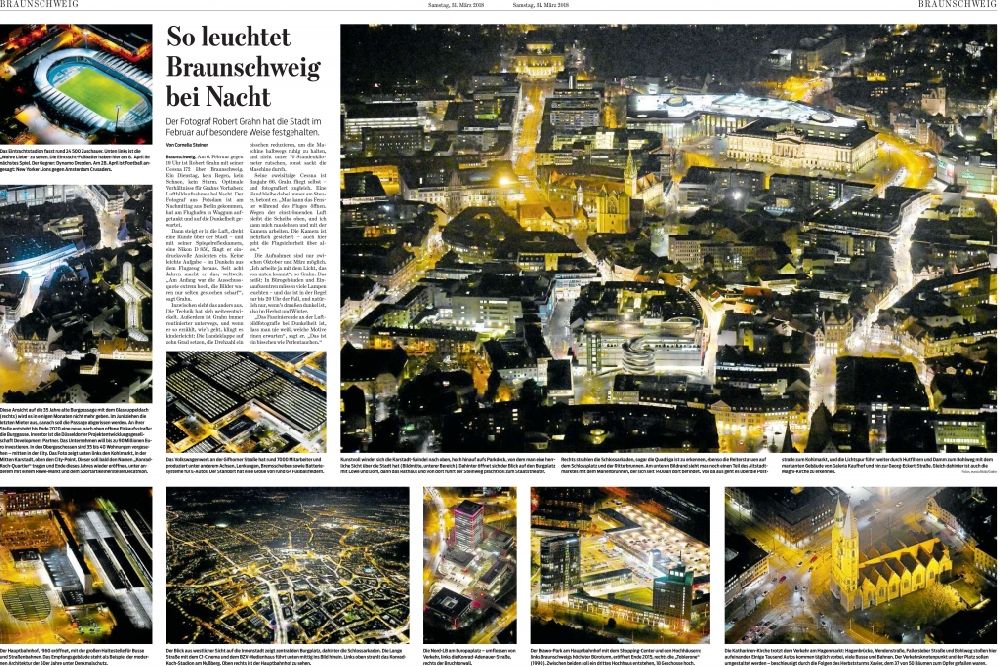 Braunschweig from above - Picture Section / media use of aerial use in the Newspaper - daily paper BRAUNSCHWEIGER ZEITUNG special page Brunswick at night, added to in Brunswick in the state Lower Saxony, Germany