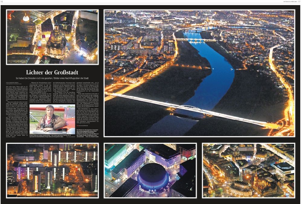 Dresden from the bird's eye view: Picture Section / media use of aerial use in the Newspaper - daily paper DNN Dresdner Neueste Nachrichten Doppelseite 16 - 17 Dresden by night , added to in Dresden in the state Saxony, Germany