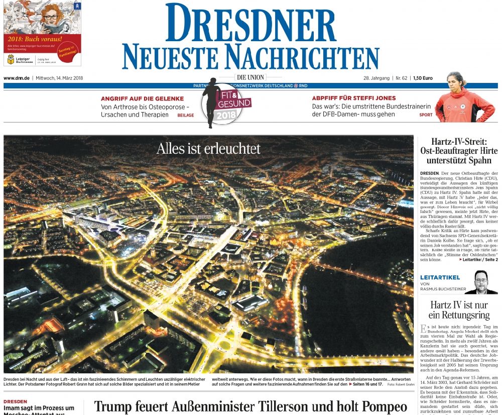 Aerial photograph Dresden - Picture Section / media use of aerial use in the Newspaper - daily paper DNN Dresdner Neueste - page 1 Dresden by night , added to in Dresden in the state Saxony, Germany