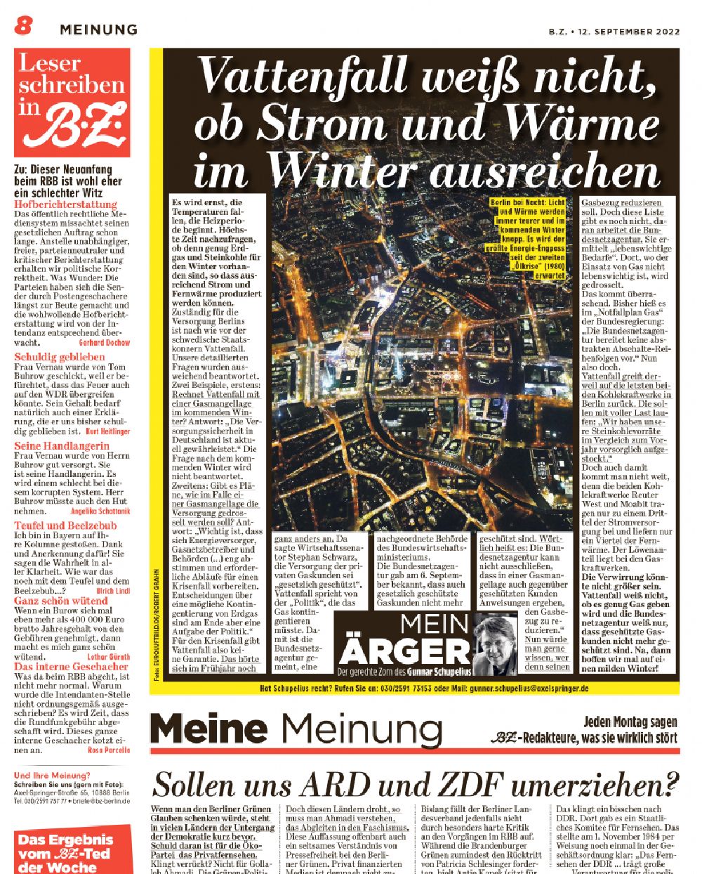 Berlin from the bird's eye view: Picture Section / media use of aerial use in the Newspaper - daily paper Energiekrise - Stromkrise BZ page 8, added to in the district Mitte in Berlin, Germany
