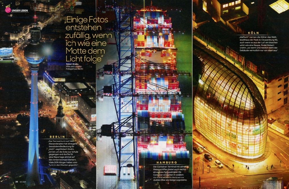 Berlin from the bird's eye view: Picture Section / media use of aerial use in the magazine Frau in Leben , night aerial in Berlin, Germany