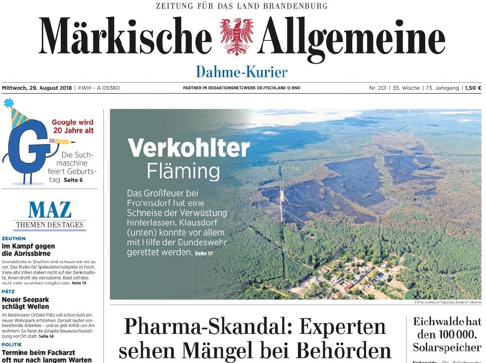 Aerial image Potsdam - Picture Section / media use of aerial use in the Newspaper - daily paper MAeRKISCHE ALLGEMEINE Titelfoto Seite 1, added to in Potsdam in the state Brandenburg, Germany
