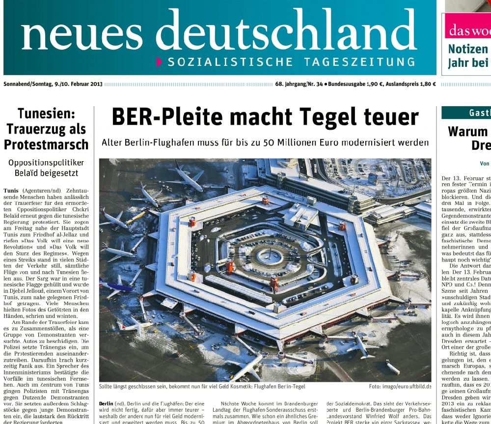 Berlin from the bird's eye view: Picture Section / media use of aerial use in the Newspaper - daily paper Neues Deutschland , added in airport Tegel in Berlin, Germany