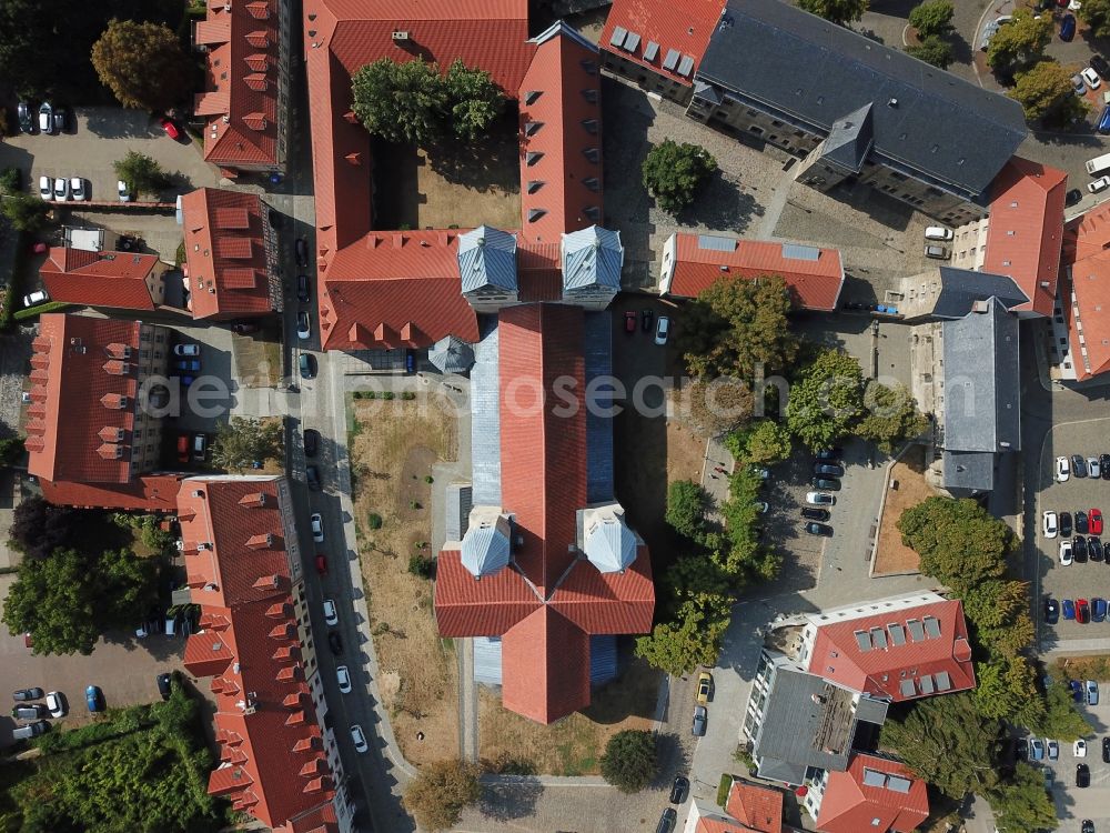 Vertical aerial photograph Halberstadt - Vertical aerial view from the satellite perspective of the Old Town area and city center on church Liebfrauenkirche in Halberstadt in the state Saxony-Anhalt