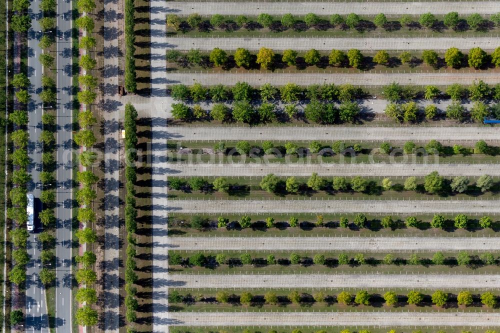 Vertical aerial photograph Leipzig - Vertical aerial view from the satellite perspective of the parking and storage space for automobiles on the fairgrounds of Leipziger Messe in Leipzig in the state Saxony, Germany