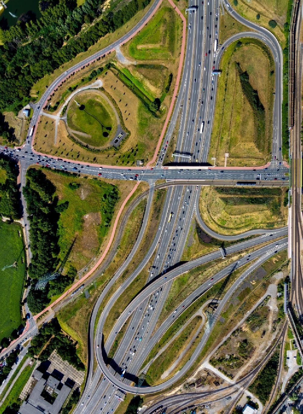 Vertical aerial photograph Bochum - Vertical aerial view from the satellite perspective of the highway triangle the federal motorway A 40 in Bochum in the state North Rhine-Westphalia, Germany