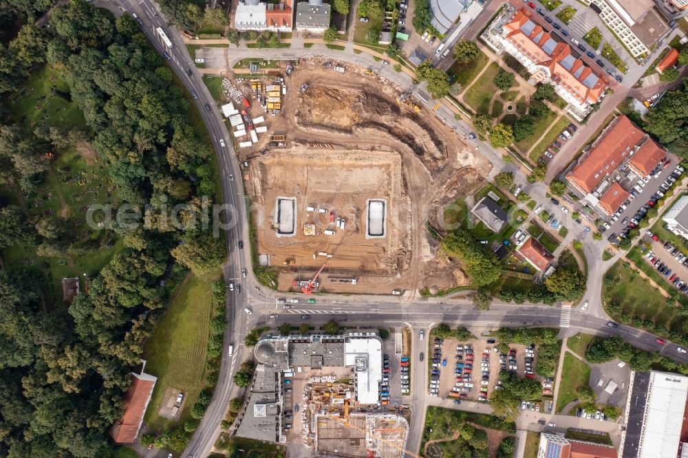 Vertical aerial photograph Bernau - Vertical aerial view from the satellite perspective of the construction site with development works and embankments works Mehrzweckhalle Bernau in Bernau in the state Brandenburg, Germany