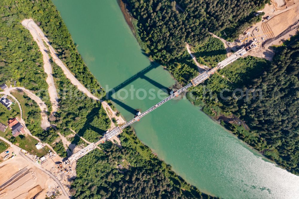 Vertical aerial photograph Bleiburg - Vertical aerial view from the satellite perspective of the construction for the renovation of the railway bridge building to route the train tracks Jauntalbruecke in Bleiburg in Kaernten, Austria