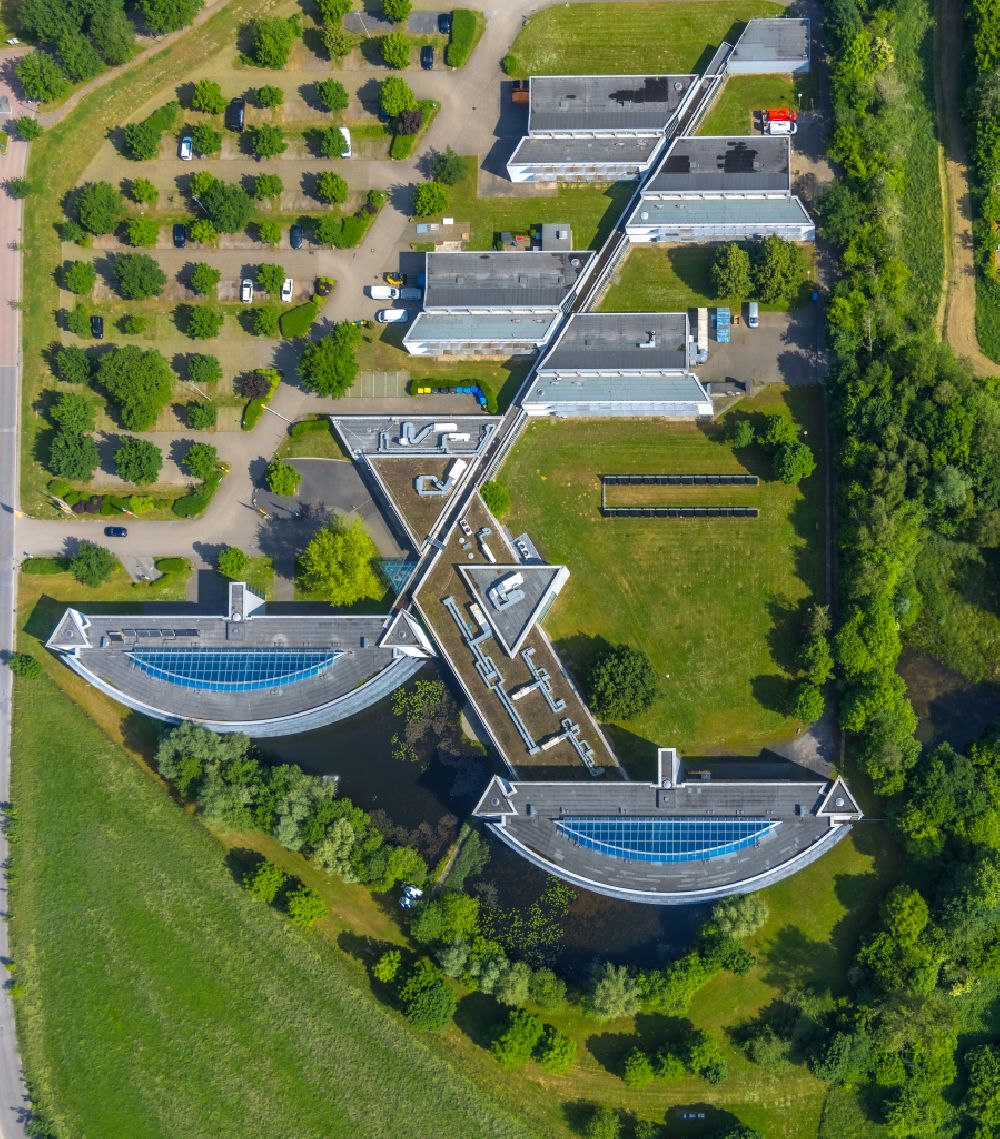Vertical aerial photograph Gladbeck - Vertical aerial view from the satellite perspective of the office building IWG Innovationszentrum Wiesenbusch Gladbeck Betriebsgesellschaft mbH Am Wiesenbusch in Gladbeck at Ruhrgebiet in the state North Rhine-Westphalia, Germany
