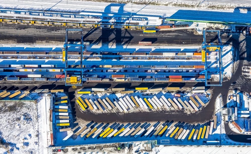 Vertical aerial photograph Duisburg - Vertical aerial view from the satellite perspective of the container terminal center in Duisburg at Ruhrgebiet in the state North Rhine-Westphalia, Germany