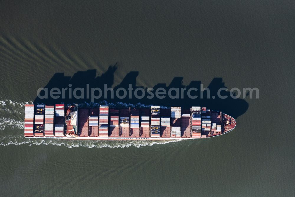 Vertical aerial photograph Bremerhaven - Vertical aerial view from the satellite perspective of the container ship on the Outer Weser in the Wadden Sea in Wurster North Sea Coast in the state Lower Saxony, Germany