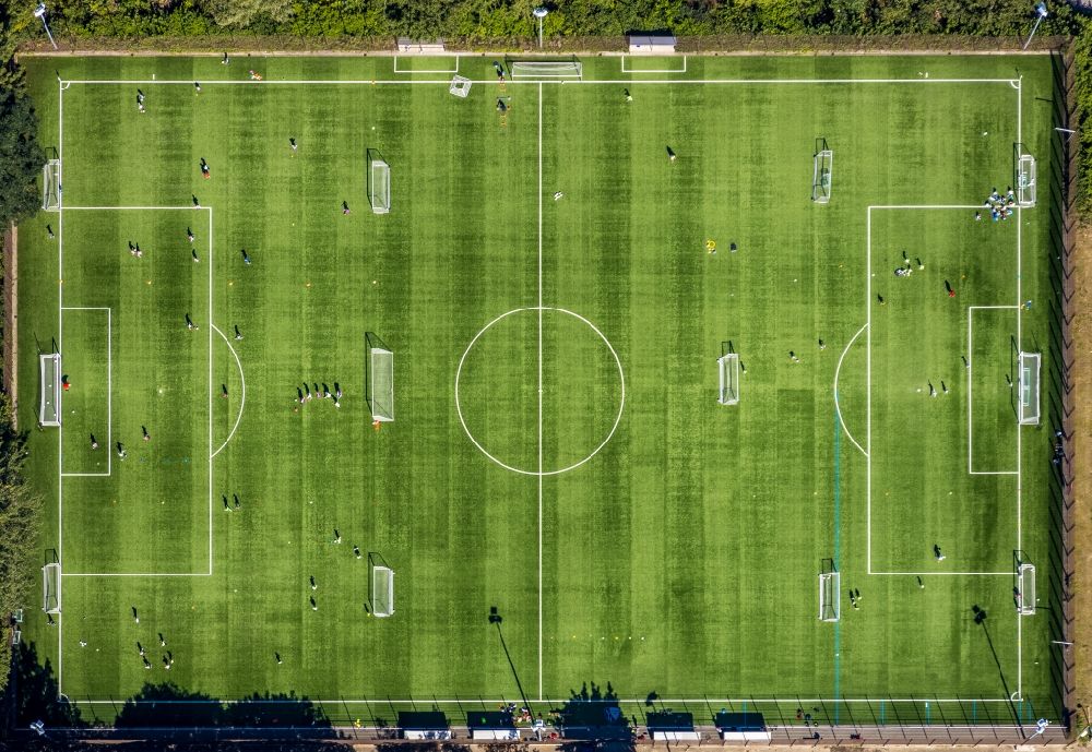 Vertical aerial photograph Bochum - Vertical aerial view from the satellite perspective of the ensemble of sports grounds of the artificial turf pitch at the Ruhrstadion in the district Grumme in Bochum in the state North Rhine-Westphalia, Germany