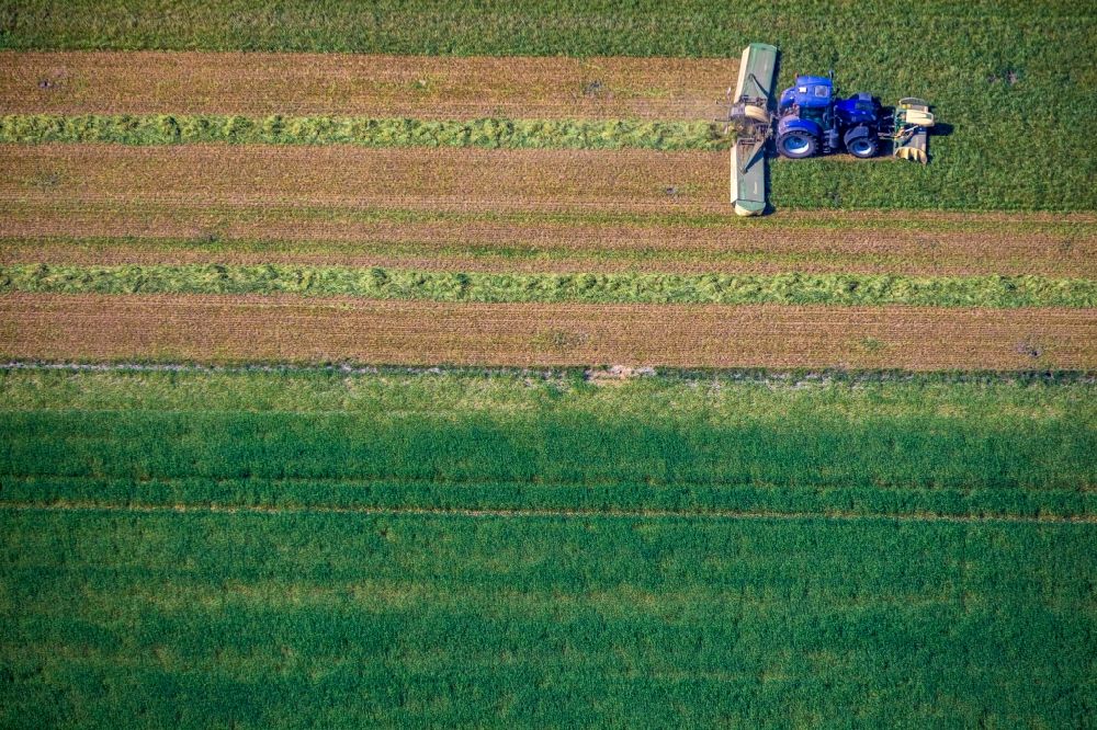 Vertical aerial photograph Drevenack - Vertical aerial view from the satellite perspective of the harvest use of heavy agricultural machinery - combine harvesters and harvesting vehicles on agricultural fields in Drevenack in the state North Rhine-Westphalia, Germany