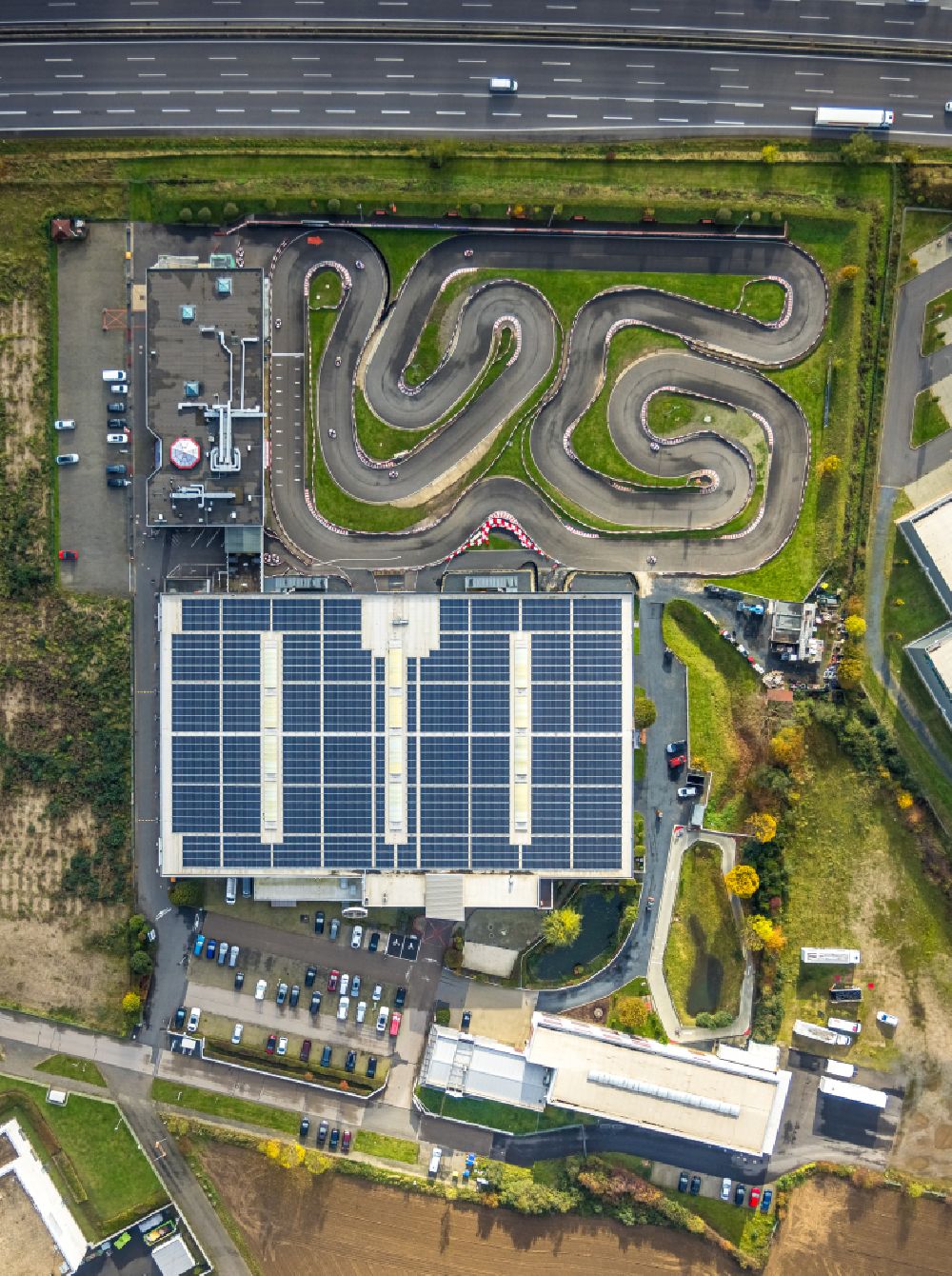 Vertical aerial photograph Sindorf - Vertical aerial view from the satellite perspective of the leisure Centre - Amusement Park Michael Schumacher Kart- and Event-Center on street Michael-Schumacher-Strasse in Sindorf in the state North Rhine-Westphalia, Germany