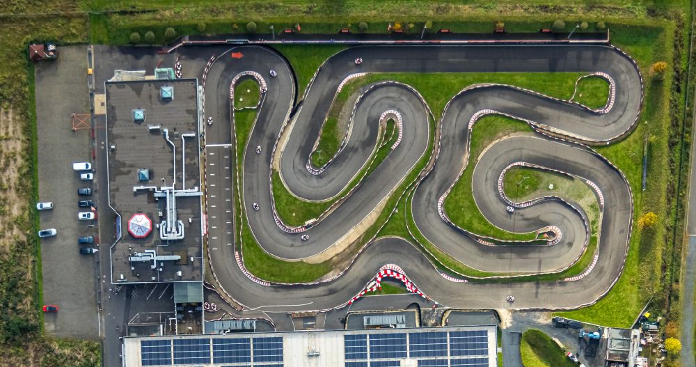 Vertical aerial photograph Sindorf - Vertical aerial view from the satellite perspective of the leisure Centre - Amusement Park Michael Schumacher Kart- and Event-Center on street Michael-Schumacher-Strasse in Sindorf in the state North Rhine-Westphalia, Germany