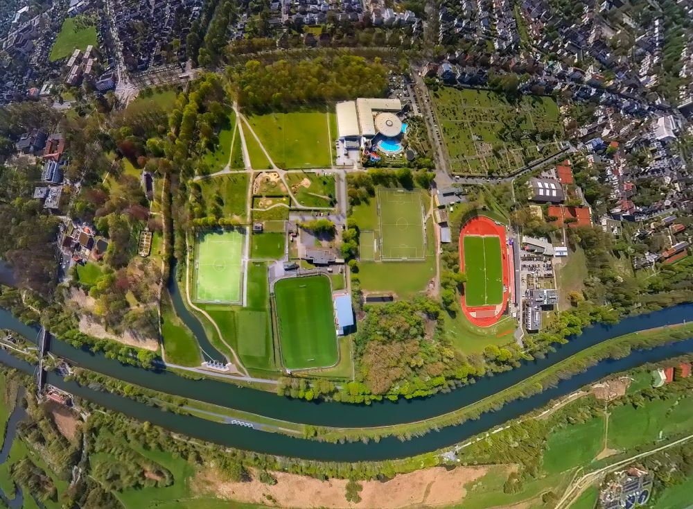 Vertical aerial photograph Hamm - Vertical aerial view from the satellite perspective of the football stadium Jahnstadion and rehabilitation clinic Ambulante Reha Bad Hamm GmbH on the street Juergen-Graef-Allee in the district Heessen in Hamm in the Ruhr area in the state North Rhine-Westphalia, Germany