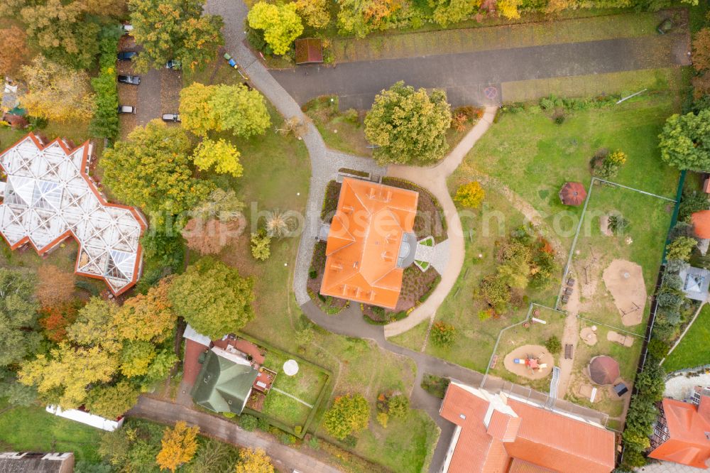 Vertical aerial photograph Angermünde - Vertical aerial view from the satellite perspective of the building complex of the Vocational School Berufliche Schule Angermuende on street Puschkinallee in Angermuende in the state Brandenburg, Germany