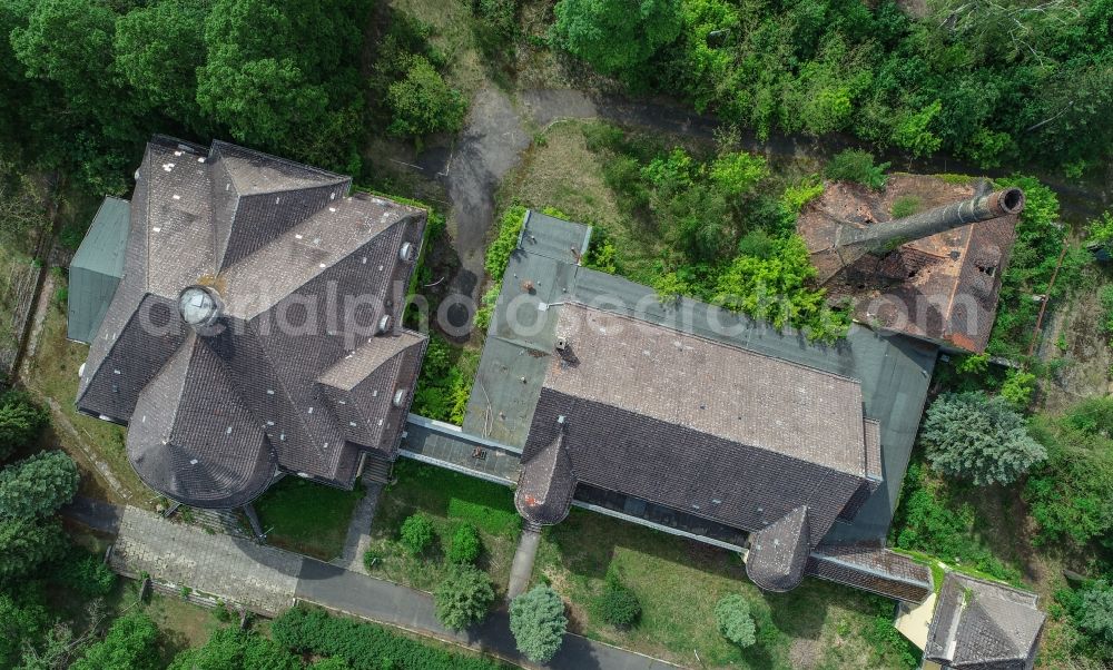 Vertical aerial photograph Wünsdorf - Vertical aerial view from the satellite perspective of the building complex of the former military barracks House of Officers in the district Waldstadt in Wuensdorf in the state Brandenburg, Germany. During the GDR era, the area served as the high command of the Russian - Soviet - allied occupation forces