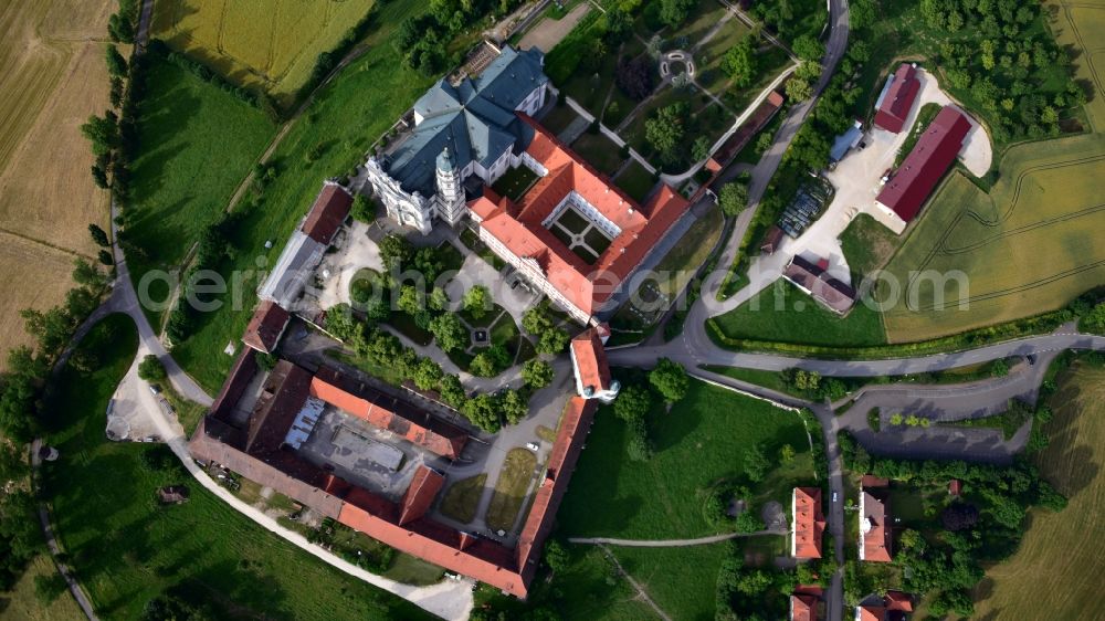 Vertical aerial photograph Neresheim - Vertical aerial view from the satellite perspective of the complex of buildings of the monastery Abtei Benediktinerkloster in Neresheim in the state Baden-Wuerttemberg, Germany
