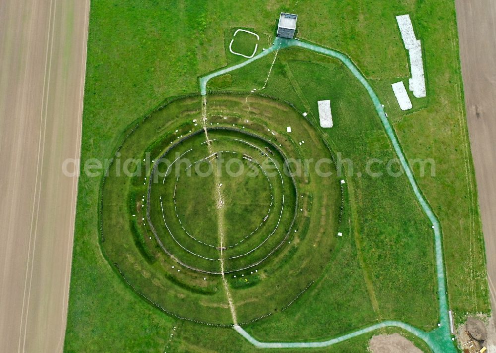 Vertical aerial photograph Pömmelte - Vertical aerial view from the satellite perspective of the tourist attraction of the historic monument Ringheiligtum in Poemmelte in the state Saxony-Anhalt, Germany