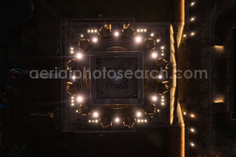 Vertical aerial photograph Leipzig - Vertical aerial view from the satellite perspective of the night lighting Tourist attraction of the historic monument Voelkerschlachtdenkmal on Strasse of 18. Oktober in Leipzig in the state Saxony, Germany