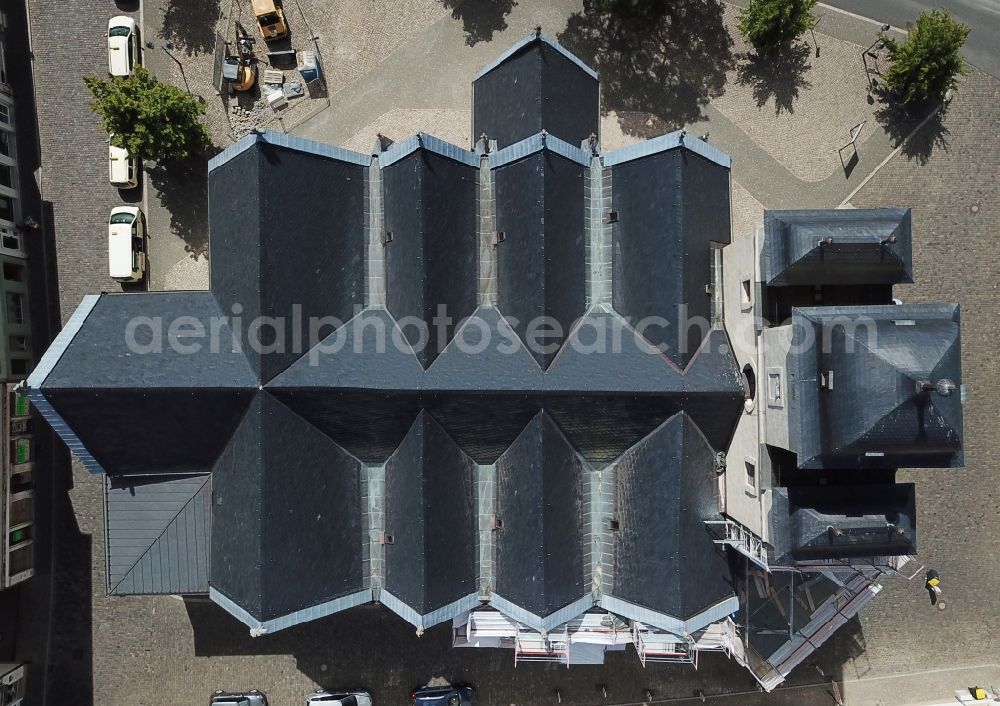 Vertical aerial photograph Zeitz - Vertical aerial view from the satellite perspective of the Church building in Michaeliskirche Zeitz on Michaeliskirchhof Old Town- center of downtown in Zeitz in the state Saxony-Anhalt, Germany