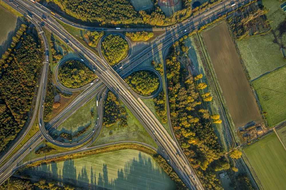 Vertical aerial photograph Cloerbruch - Vertical aerial view from the satellite perspective of the traffic flow at the intersection- motorway A52 - 44 Kreuz Neersen in form of cloverleaf in Cloerbruch in the state North Rhine-Westphalia, Germany
