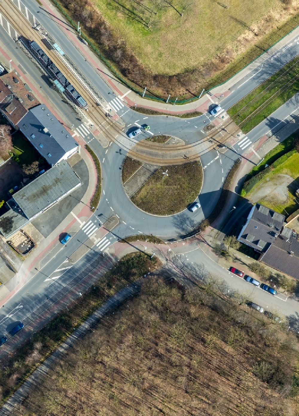 Vertical aerial photograph Herne - Vertical aerial view from the satellite perspective of the Traffic management of the roundabout road An den Klaerbrunnen - Hordeler Strasse in the district Wanne-Eickel in Herne in the state North Rhine-Westphalia