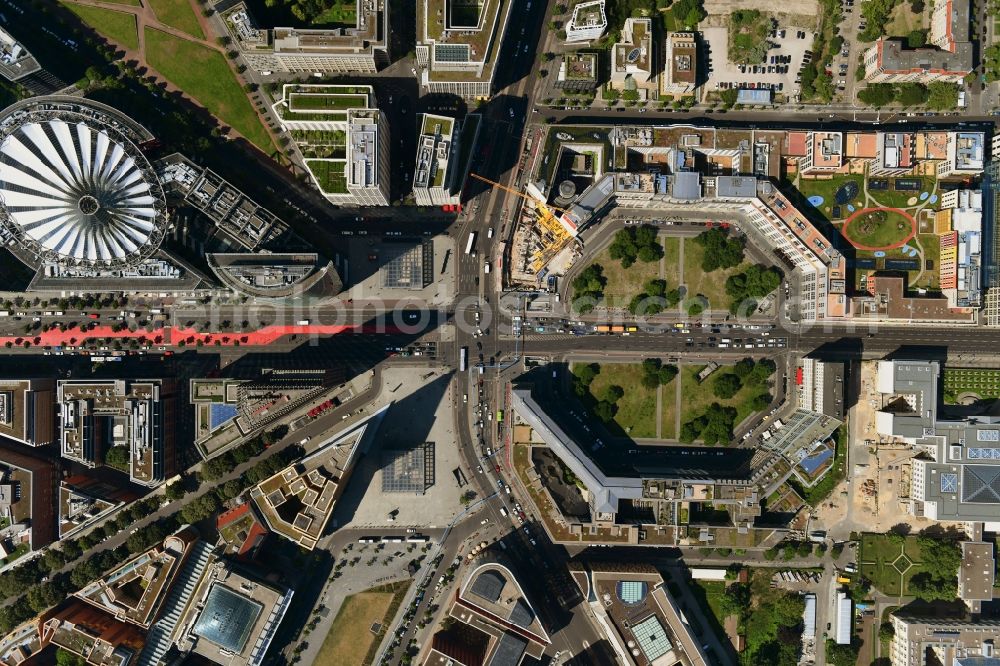 Vertical aerial photograph Berlin - Vertical aerial view from the satellite perspective of the road over the crossroads Potsdamer Platz - Ebertstrasse - Stresemannstrasse - Leipziger Platz in the district Tiergarten in Berlin, Germany