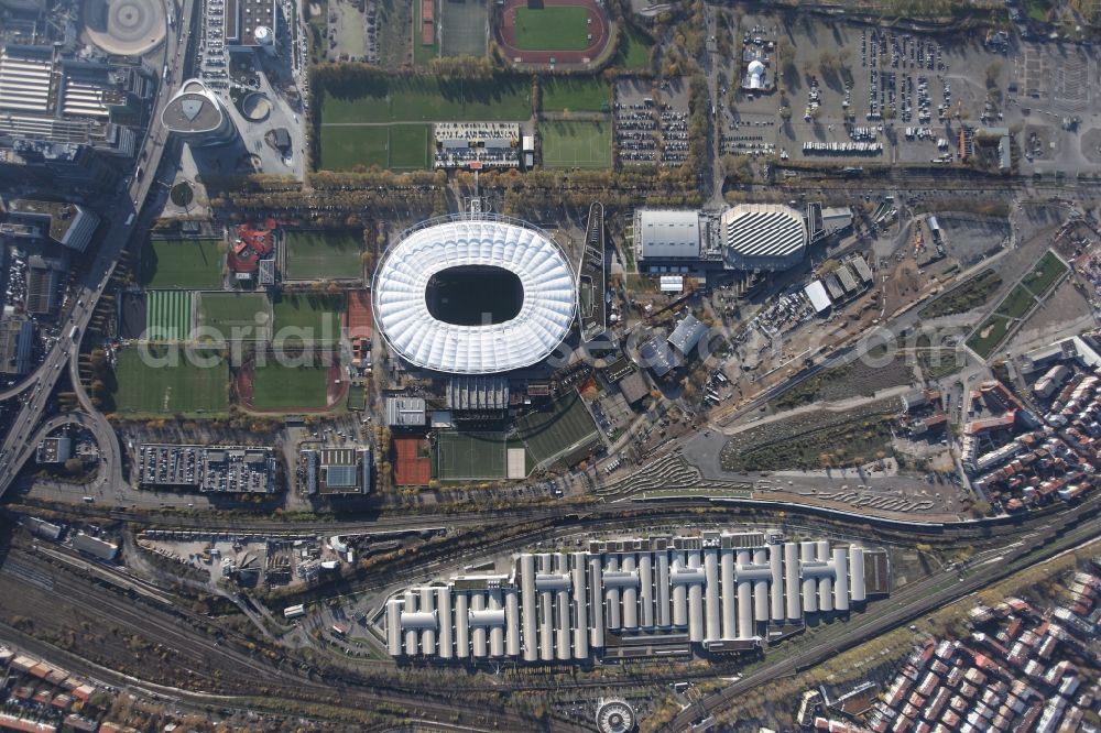Vertical aerial photograph Stuttgart - Vertical aerial view from the satellite perspective of the Sports facility grounds of the Arena stadium Mercedes-Benz Arena in Stuttgart in the state Baden-Wurttemberg, Germany