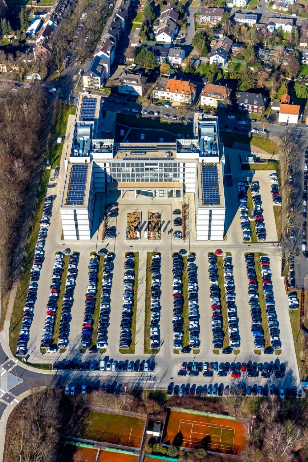 Vertical aerial photograph Bochum - Vertical aerial view from the satellite perspective of the office- and commercial building of Vonovia Zentrale in Bochum in the state North Rhine-Westphalia