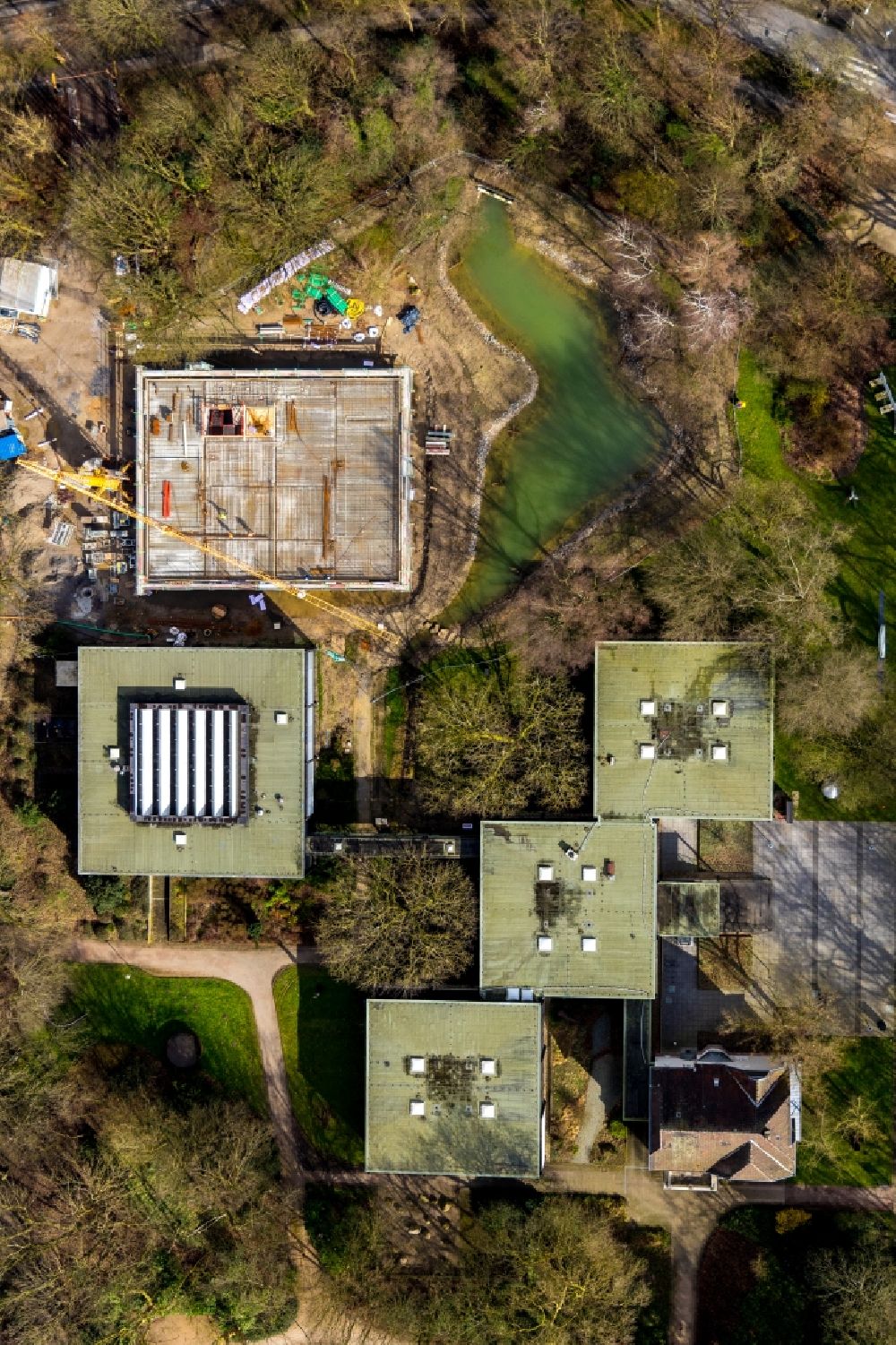 Vertical aerial photograph Bottrop - Vertical aerial view from the satellite perspective of the construction site for the construction of a new building to expand the museum complex Josef Albers Museum Quadrat at the city park in Bottrop in the state North Rhine-Westphalia, Germany