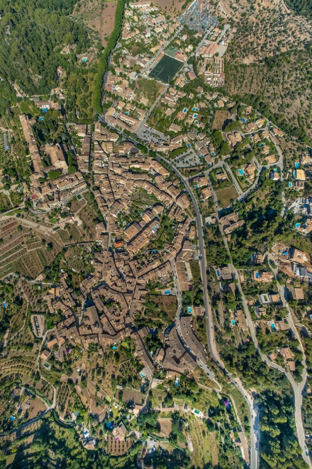 Vertical aerial photograph Valldemosa - Vertical aerial view from the satellite perspective of the town View of the streets and houses of the residential areas in Valldemosa in Islas Baleares, Spain