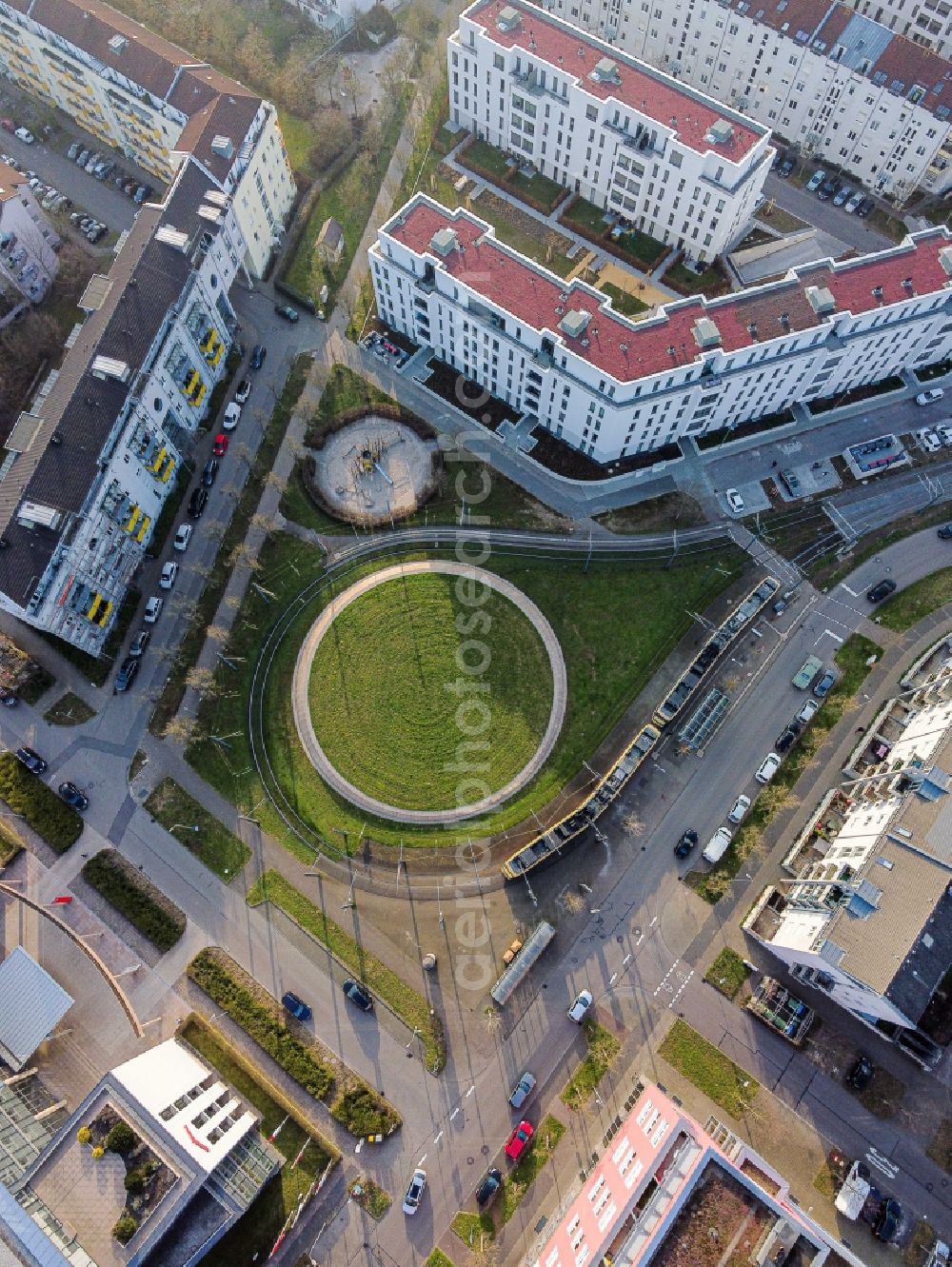 Vertical aerial photograph Karlsruhe - Vertical aerial view from the satellite perspective of the ensemble space Badeniaplatz in the inner city center in the district Oberreut in Karlsruhe in the state Baden-Wurttemberg, Germany